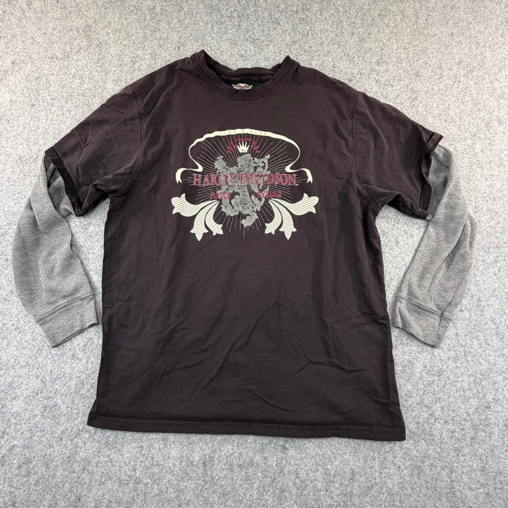 Harley-Davidson Mens Large Brown Layered Look Thermal Sleeve Graphic T-Shirt